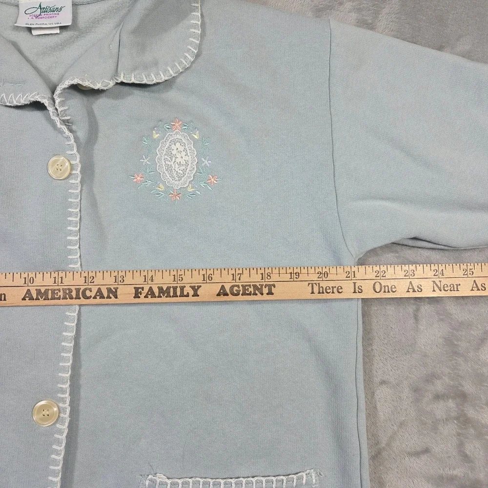 Vtg Artisans Women Medium Blue Embroidered Button Up Cottagecore Prairie Grandma